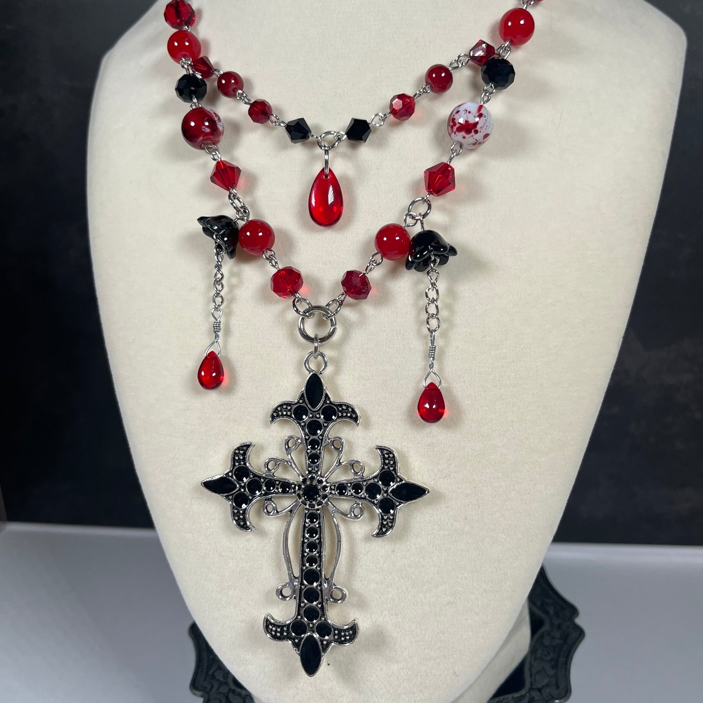 Crimson Veil Cross Necklace